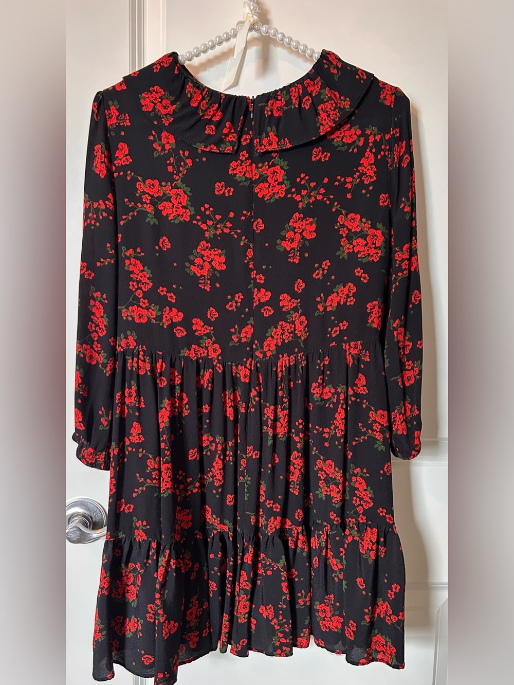 Zara Black Floral Tiered Long-Sleeve Dress with Red Rose Print (Never Worn!)